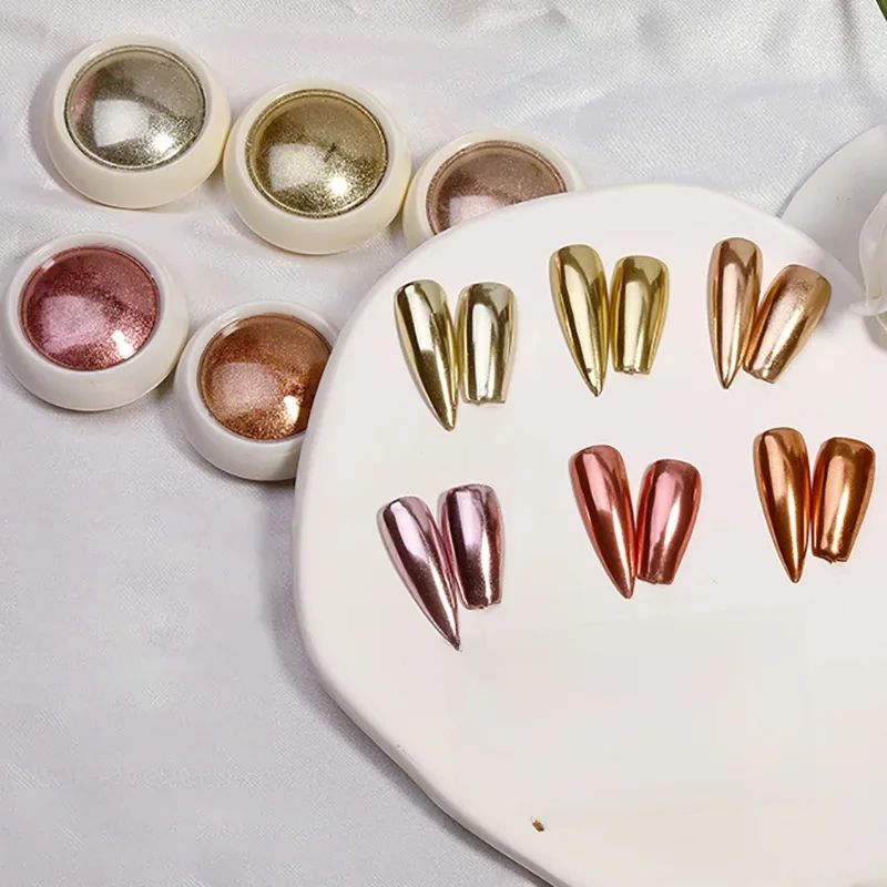 Poudre à ongles chromée, 6 pièces, effet pailmétrage, holographique, or rose