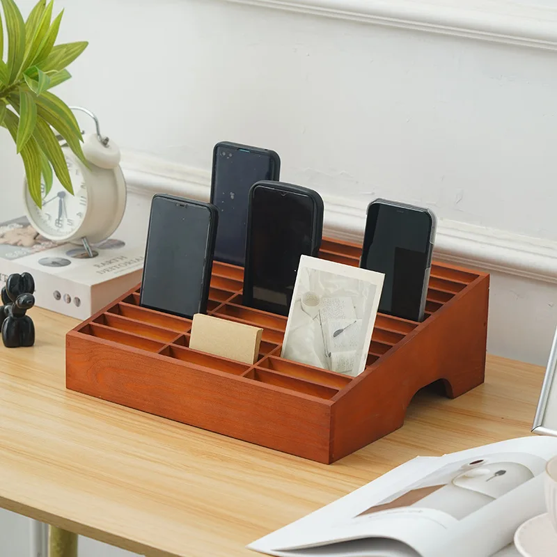 Phone Storage Box 12 Grid Rectangular Mobile Phone Stand Multipurpose Wooden Portable Desktop Organizer for Conference Hall