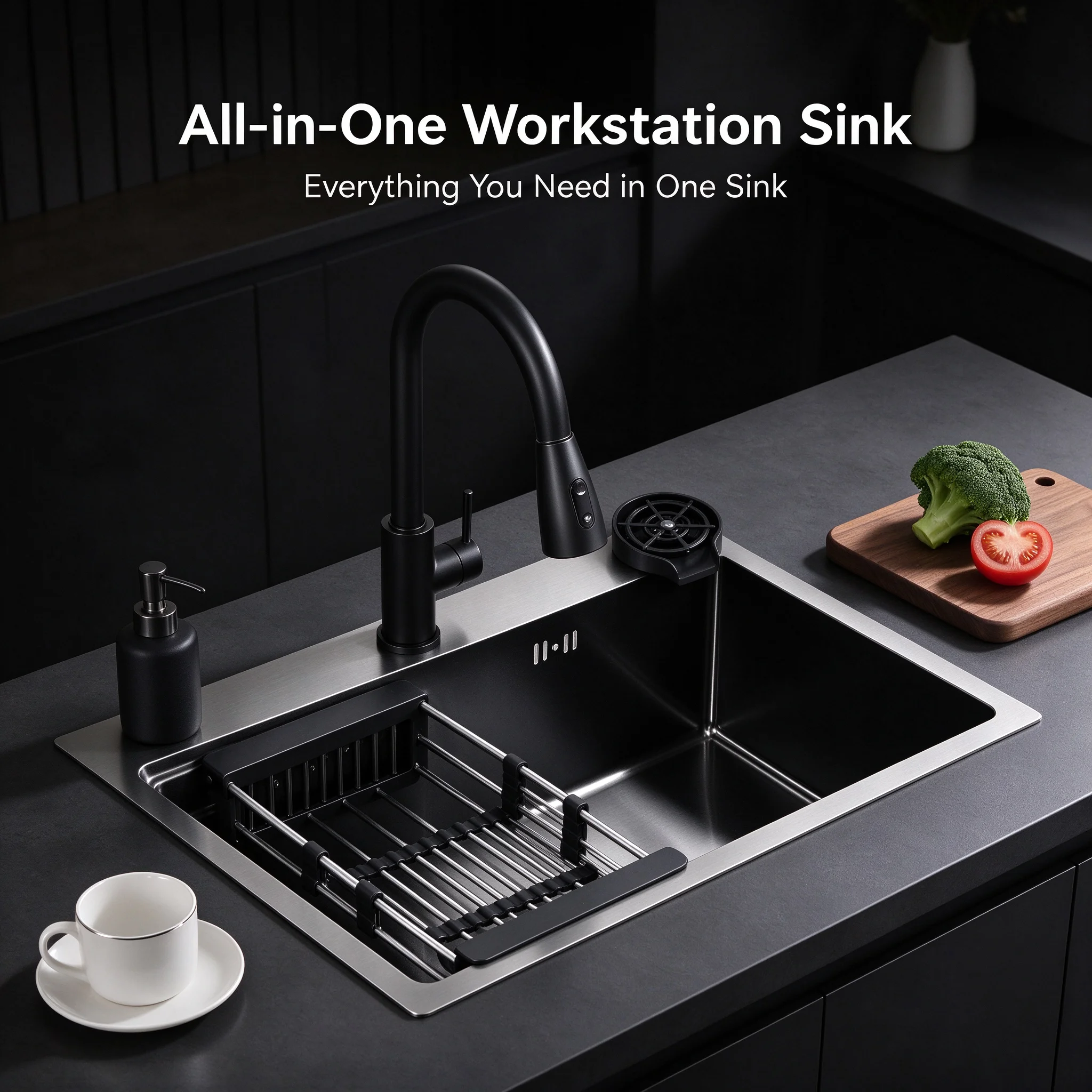 304 Stainless Steel Workstation Kitchen Sink, Nano Coating Single Bowl Sink with 360° Rotatable Pull Down Faucet, Built-in Cup Washer & Soap Dispenser, Drop-in Undermount Kitchen Sink for Home Kitchen