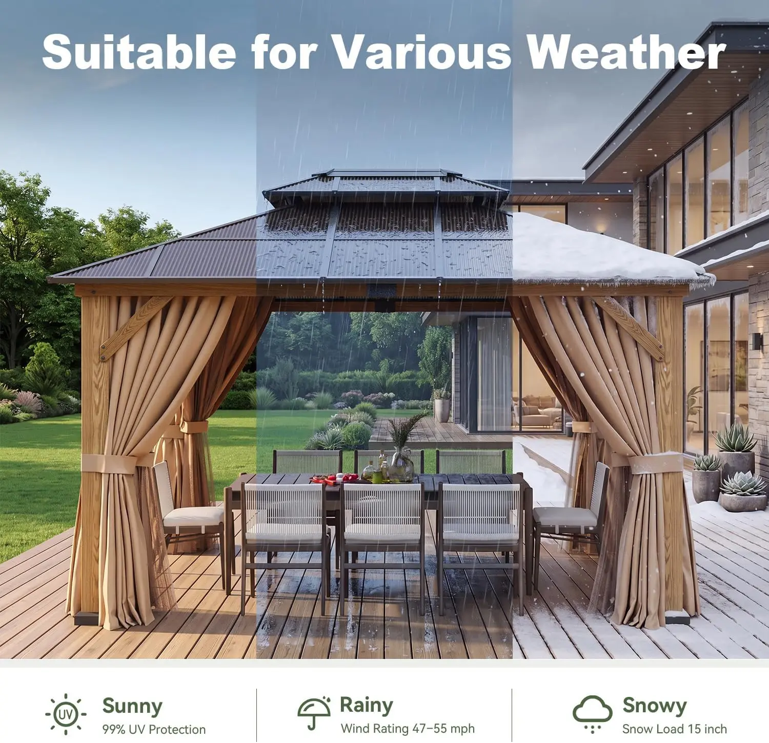 10x12ft Wood Gazebo With Double Polycarbonate Roof Natural Cedar Wood Permanent Outdoor Hardtop Pavilion With Breathable Netting And Privacy Curtain For Patio Garden