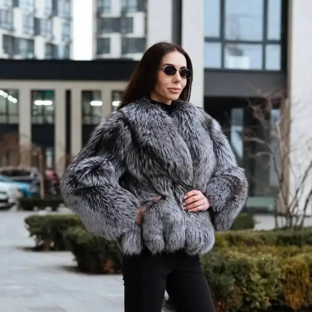 Women Fashion Real Silver Fox Fur Jacket Lapel Collar High Quality Female Genuine Silver Fox Fur Coats Casual Woman Overcoats