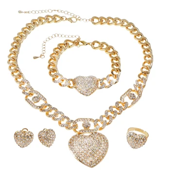 Women Luxury Necklace Jewelry Set Rhinestone Heart Pendant Necklace Love Earrings Bracelet Ring Cuban Chain Free Shipping