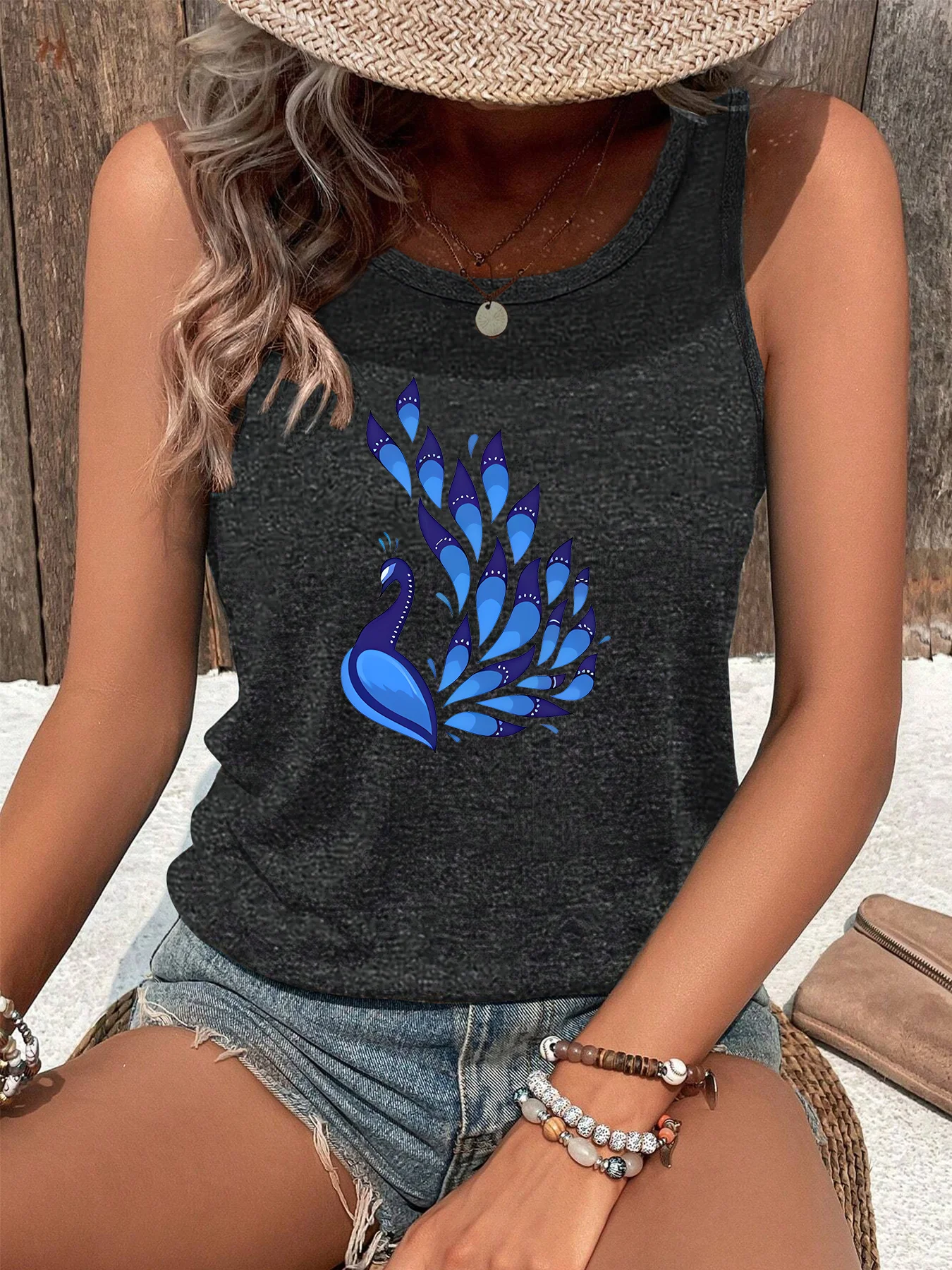 Animal Peacock Opening Tail Summer Fashion Funny Sports Women's Tank Top Loose O Neck Sleeveless Casual Tank Top