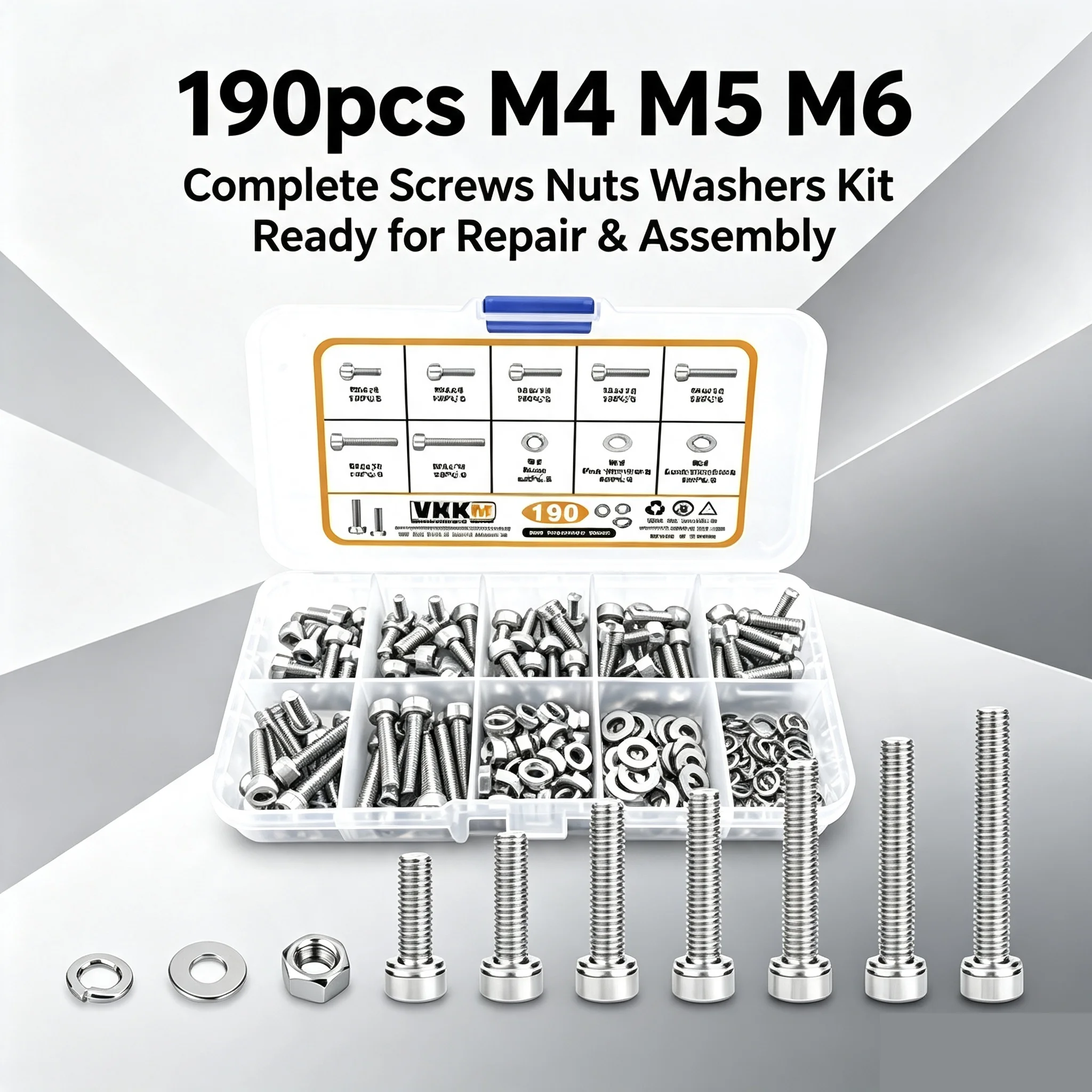 VKKM 190Pcs M4 Socket Head Cap Screws Assortment Kit, 304 Stainless Steel Hex Bolts with Matching Nuts, Flat Washers & Lock Washers for 3D Printer, Electronic Equipment, Machinery Assembly Repair