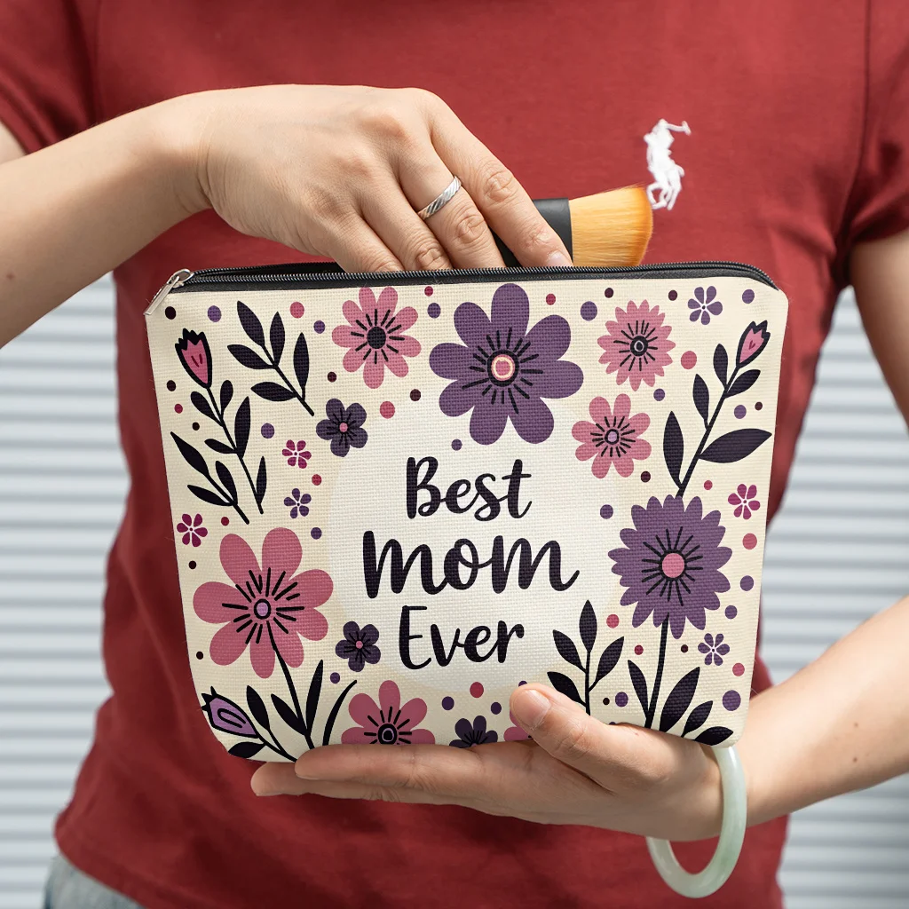 1Pc "Best Mom Ever" Floral Design, Mother's Day Vintage Design Multifunctional Travel Makeup Bag, Snack Storage Bag, Stationery Storage Bag, Stylish Toiletry Bag, Canvas Double-Sided Printed Zipper Pouch