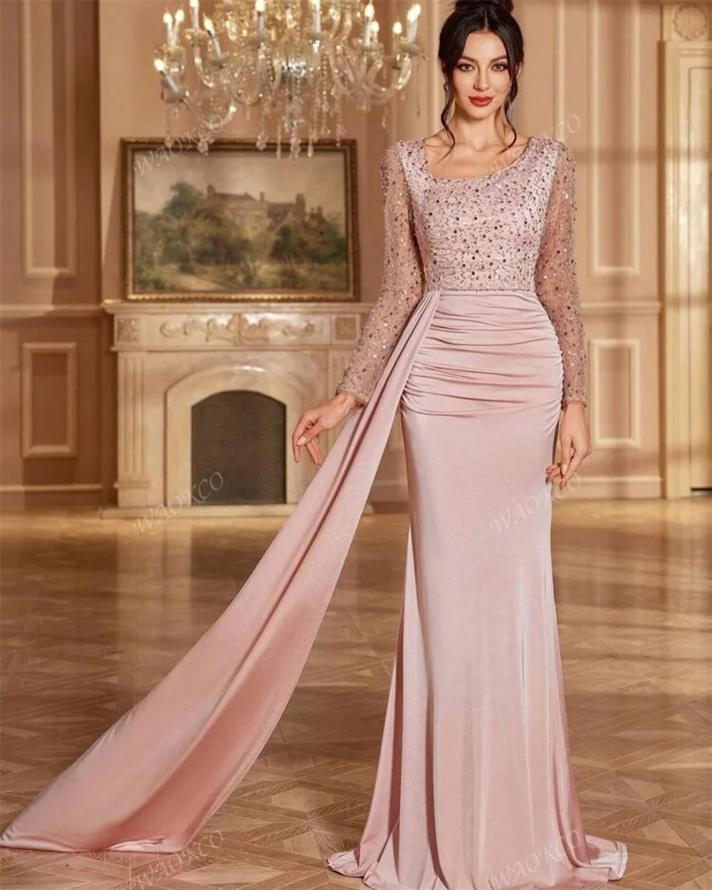 Kobe Customized Square Collar Floor-length Mermaid Prom Dresses Long Sleeve Glitter Evening Dresses Side Train Party Dresses