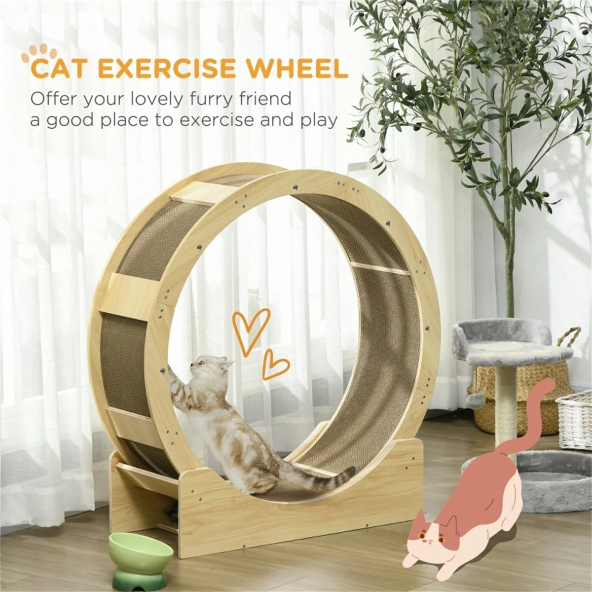 

Cat Exercise Wheel Natural Wood Silent Running Toy Treadmill Roller Wheel with Detachable Carpet for Most Cats Pet Fitness