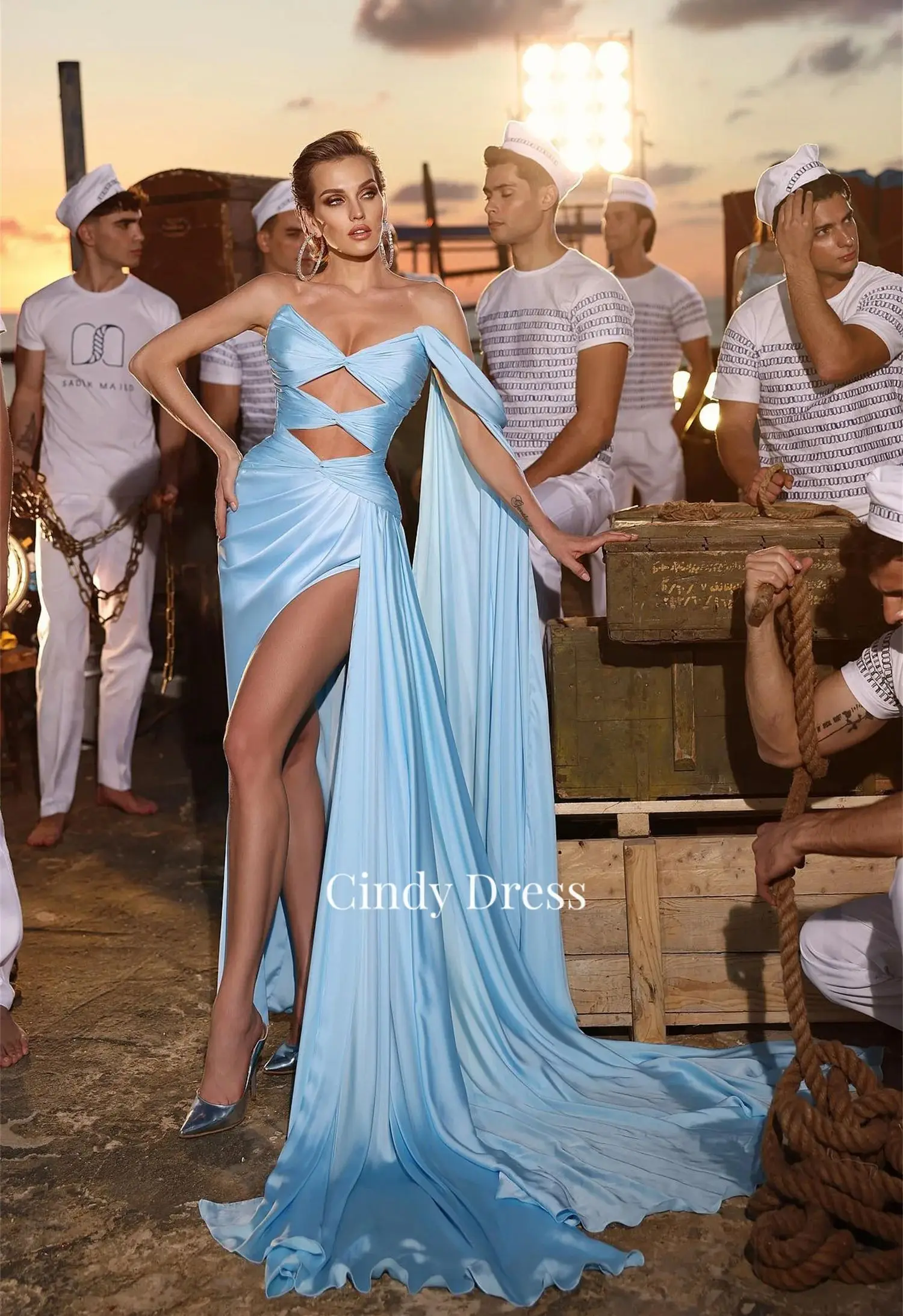 Cindy Blue Satin Sexy Mermaid Cross Long Tail Evening Gown Womens Dresses Elegant Party Women Luxury Saudi Dress Graduation Gala