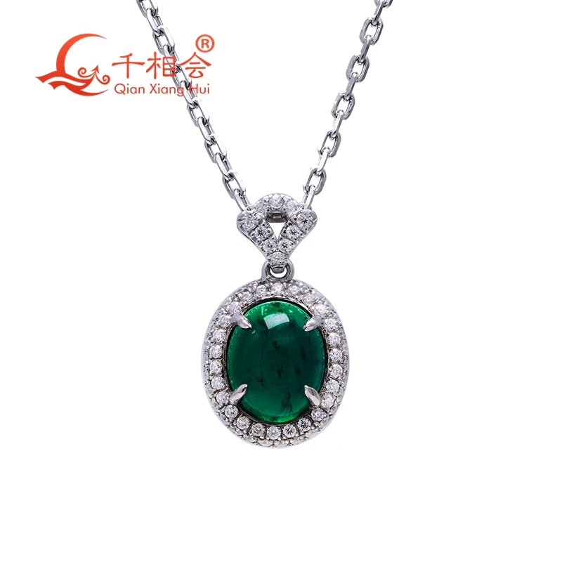 Green Color Emerald Pendant Created Hydrothermal Flat Back Oval Cabochon 8*10mm Set in 925 Silver with D Moissanite for daily