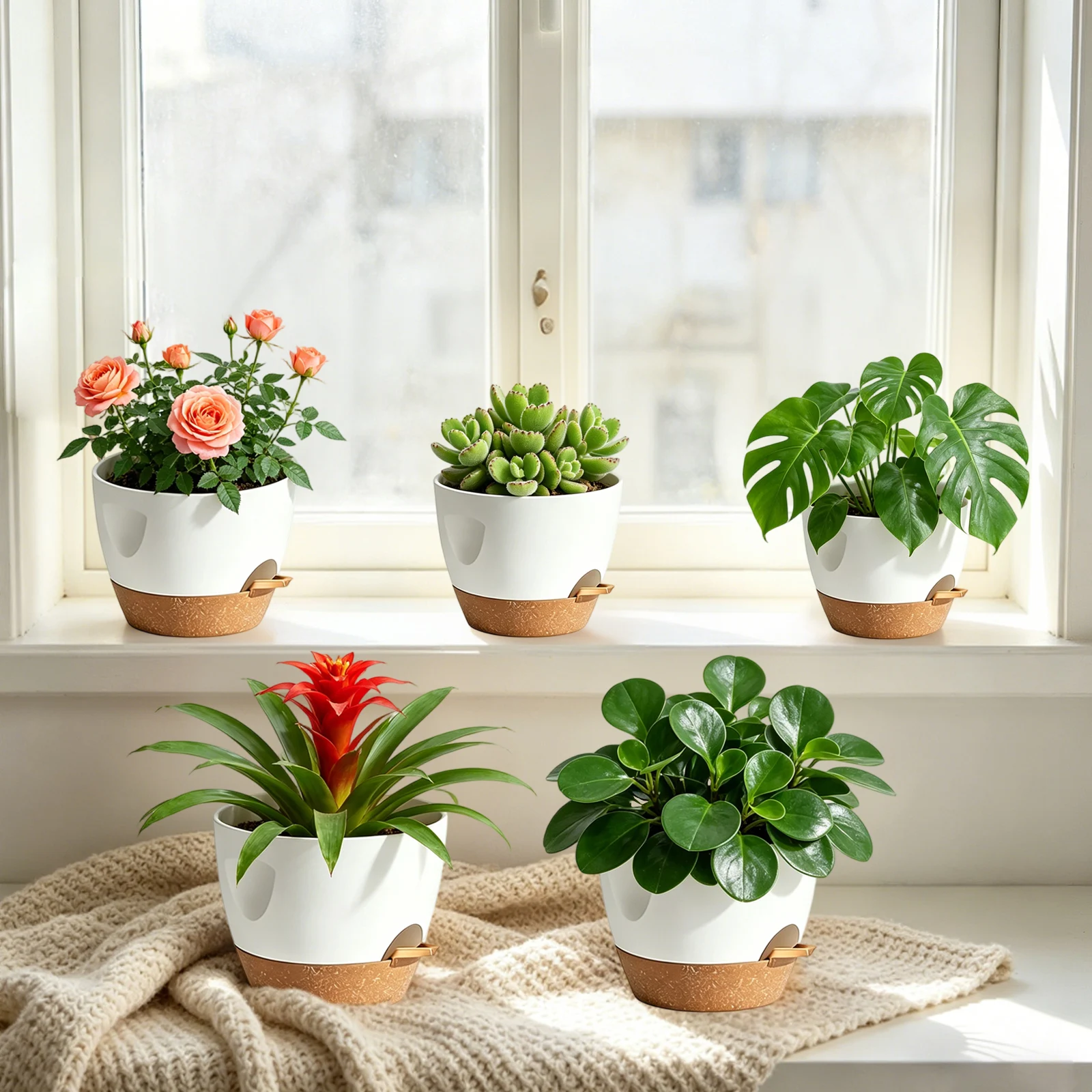 Selbstbewässernder Kunststoff-Blumentopf - 7-10 Tage automatische Bewässerung, mit Abflussloch & tiefem Reservoir für Zuhause, Büro, Balkon, Weiß
