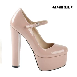Women Patent Round Toe Platform Block Heel Mary Jane Pumps Ankle Strap Shoes Multi-color