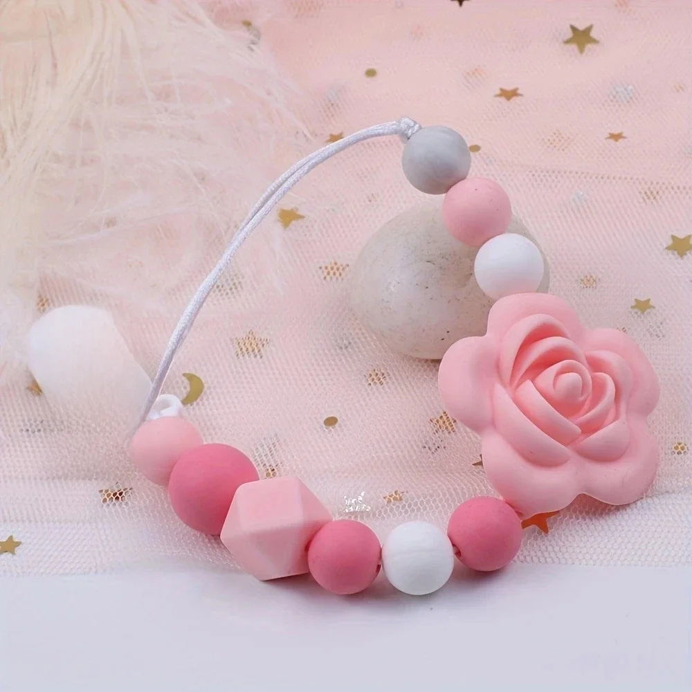 Clips de sucette faits à la main pour bébé, chaîne de support en Silicone Rose, chaînes de sucette, anneau de dentition, chaîne de dentition, cadeau