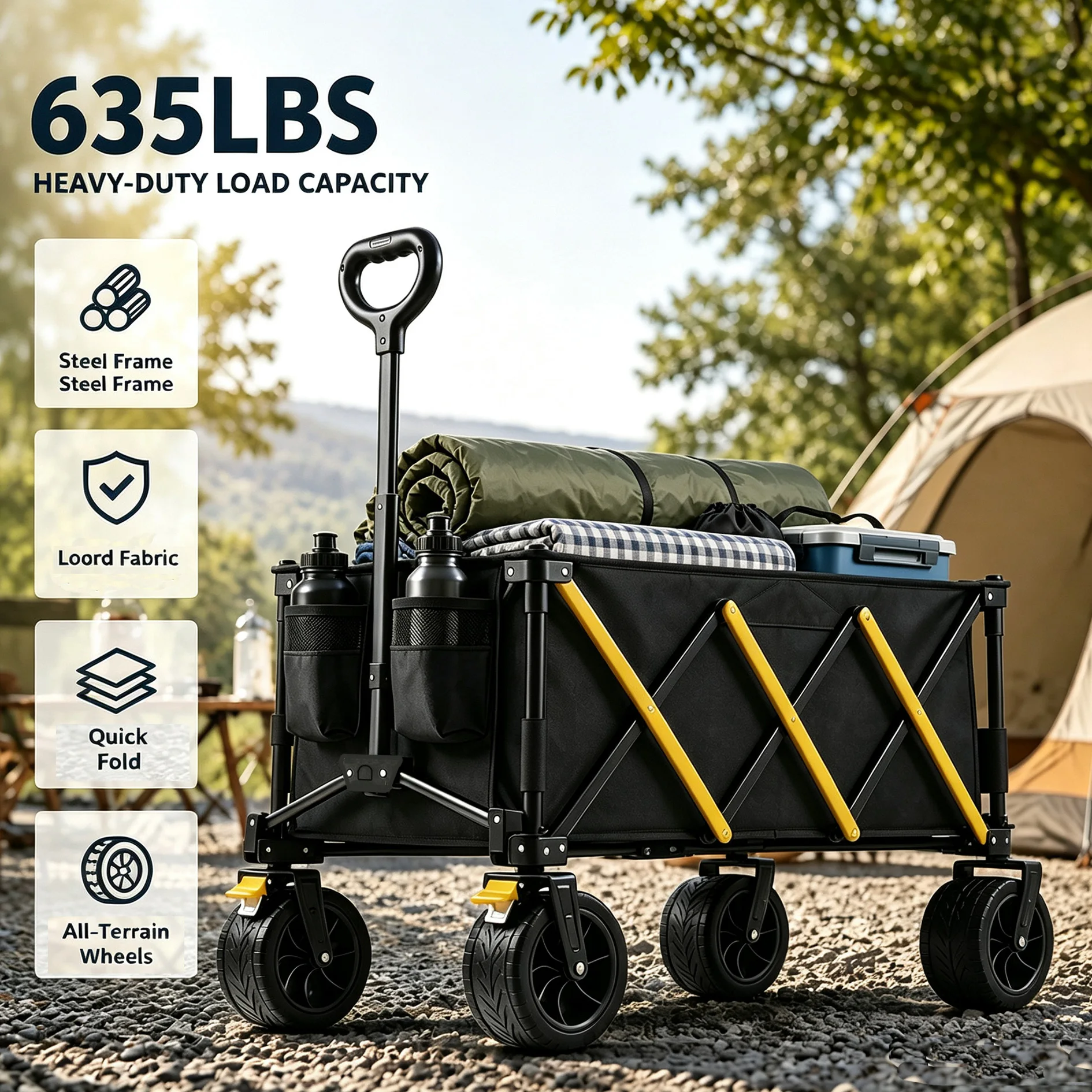 Heavy Duty Collapsible Folding Wagon Cart, Large Capacity Utility Wagon with All-Terrain Wheels & Adjustable Pull Handle, Foldable Steel Frame Outdoor Trolley for Camping, Picnic, Beach, Garden & Grocery Transport - view 8