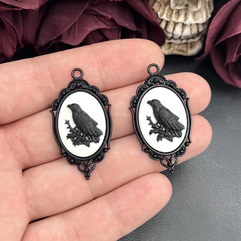 4pcs Gothic Black  Crow Silver Plated Framed, Raven Relief Charms Halloween Witch Pendant Fit Jewelry Making DIY Jewelry Finding