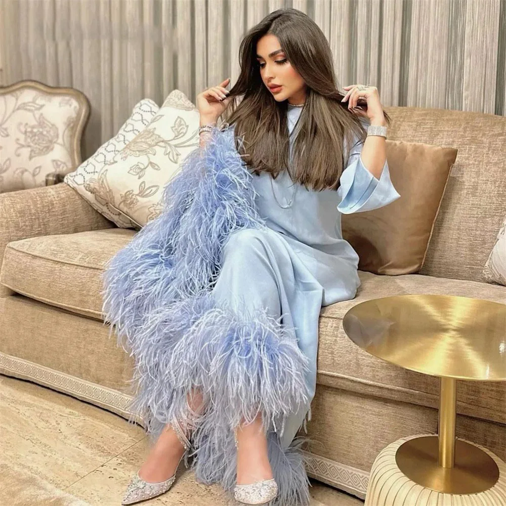 

Blue Arabic Prom Dress For Women Long Sleeves Feathers Elegant Formal Evening Gowns Betrothal Celebrity Wedding Party Dress