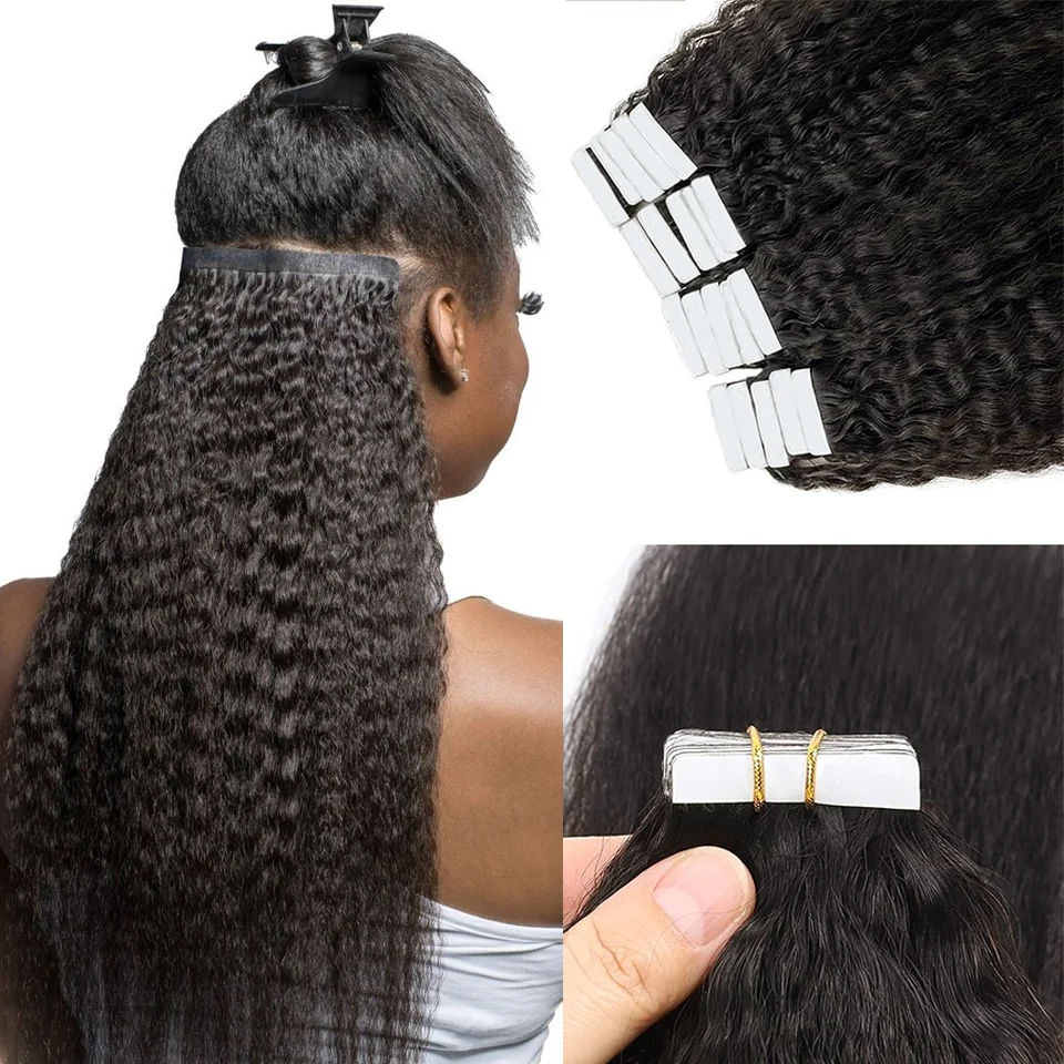 

Kinky Straight Tape In Hair Extensions 100% Human Hair Skin Weft Natural Black Invisible Adhesive Remy Hair Hairpiece for Women