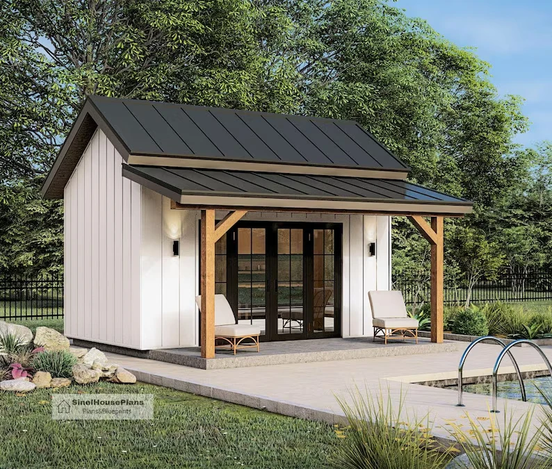 16'x16' DIY zwembadhuis bedrukte plannen |   Zwembadschuur met blauwdrukken in de veranda (geen materialen inbegrepen)