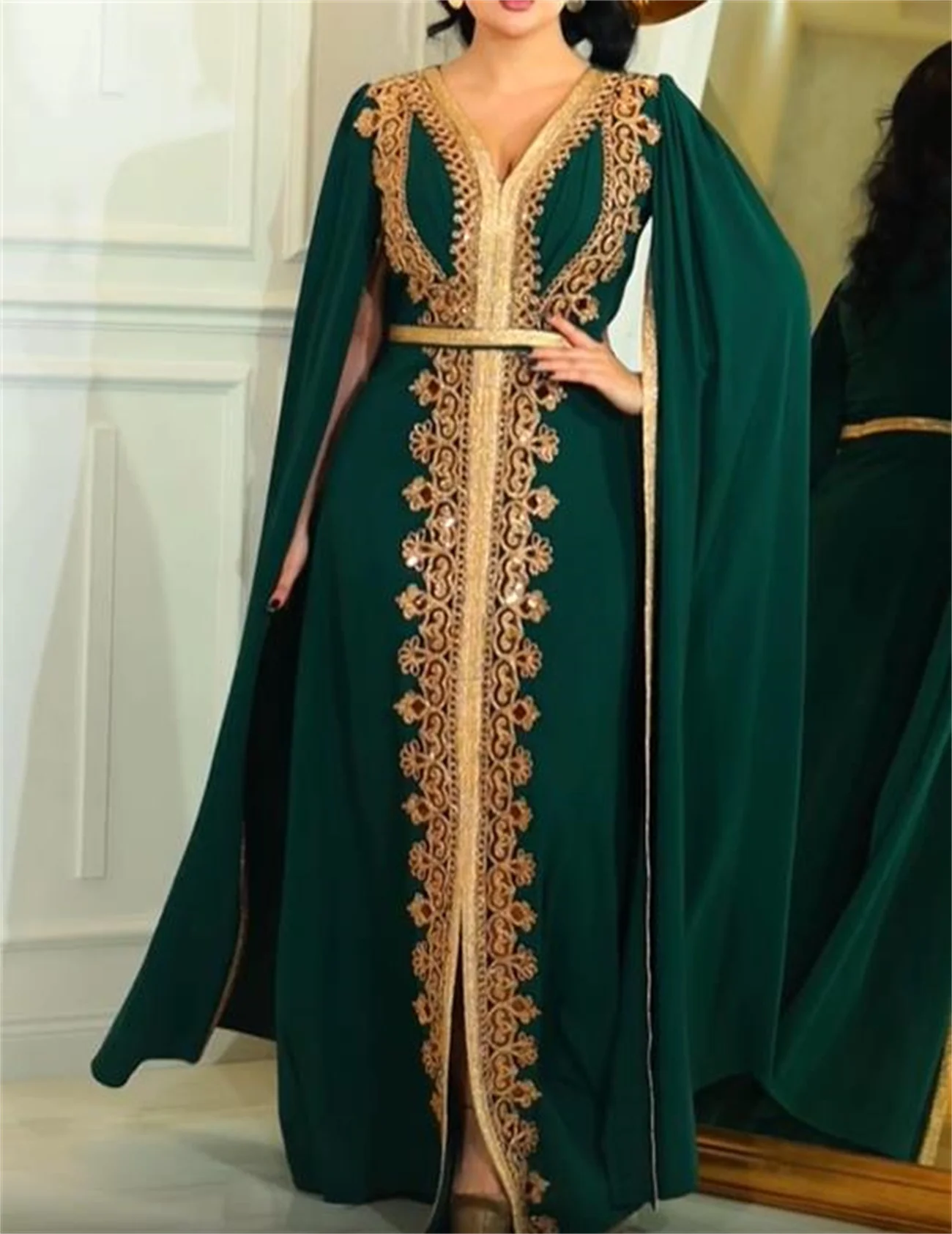 Luxury Evening Dress Green  V Neck Cape Sleeve Split To Floor Lace Applique Muslim Kaftan Elegant Party Dresses For Women 2023