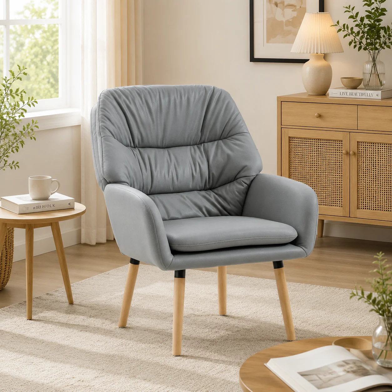 Fauteuil de chambre moderne à dossier haut avec double rembourrage en tissu effet cuir, gris