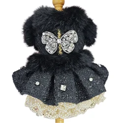 Handmade Elegant Black Butterfly Dog Dress Luxury Rhinestone Pet Outfit Faux Fur Lace Parties Photoshoot Special Occasion