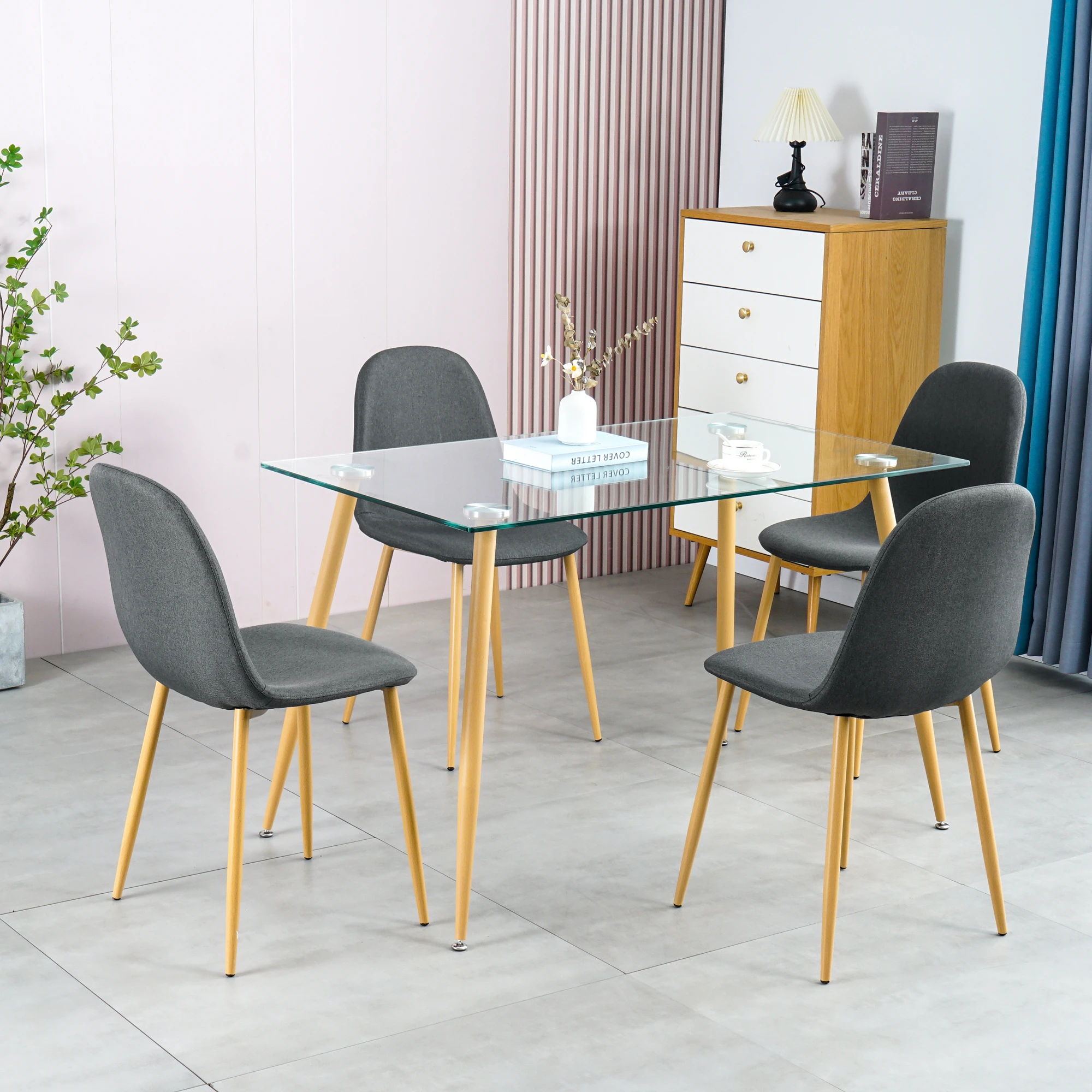 Dining Table Set Modern 5 Pieces Dining Room Set Mid Century Tempered Glass Kitchen Table + 4 Modern Grey Fabric Chairs