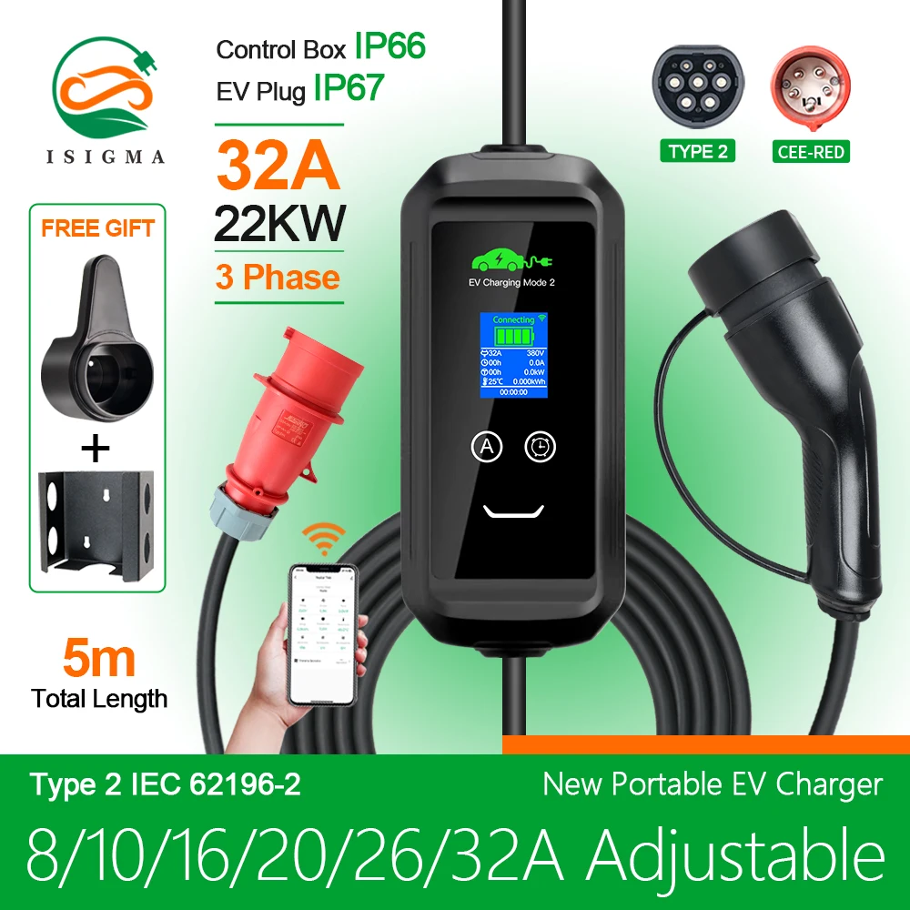 Portable EV Charger Type2 Cable 22KW 32A 3Phase EVSE Wallbox Wi-Fi APP Smart Fast Charging Station for Electric Vehicle