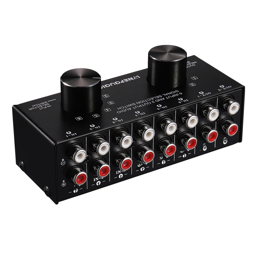6 wejść 2 wyjścia lub 2 wejścia 6 wyjść Przełącznik wyboru źródła sygnału audio Port RCA — 2