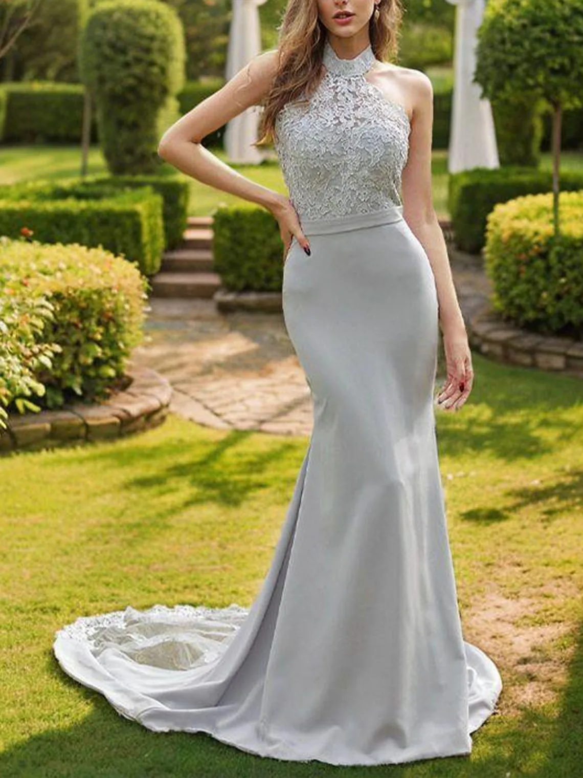 

Elegant Stretch Fabric Sheath Column Halter Sleeveless Sweep Train Bridal Gown Embroidered Bridesmaid Dress 2025 free customized