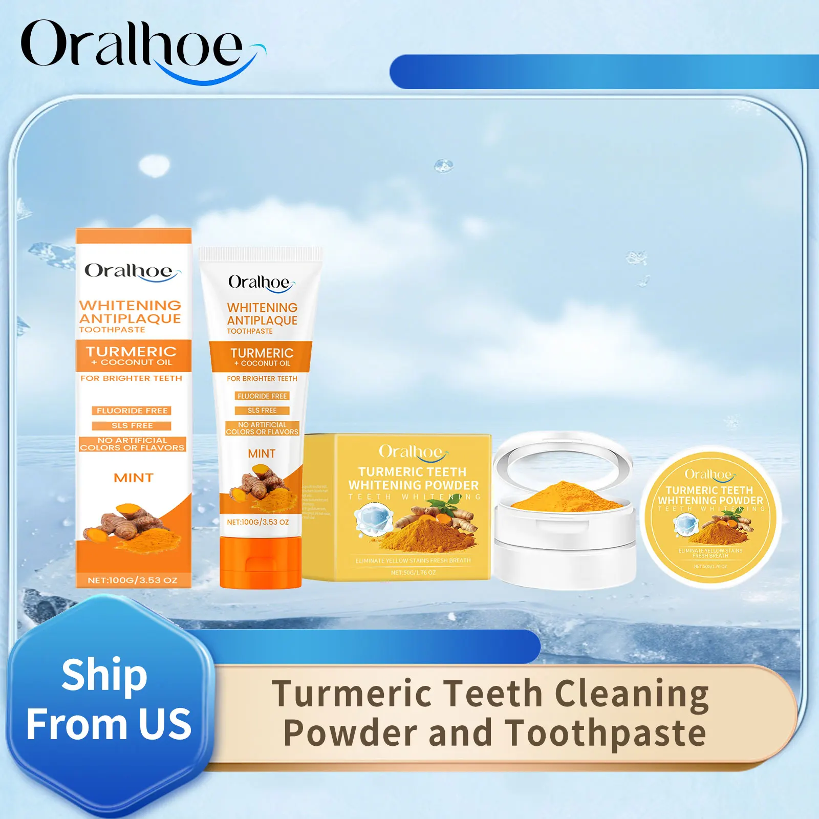 Oralhoe 50g polvo de limpieza de dientes de cúrcuma eliminar manchas de sarro iluminar los dientes amarillos aliento fresco pasta de dientes blanqueadora de dientes