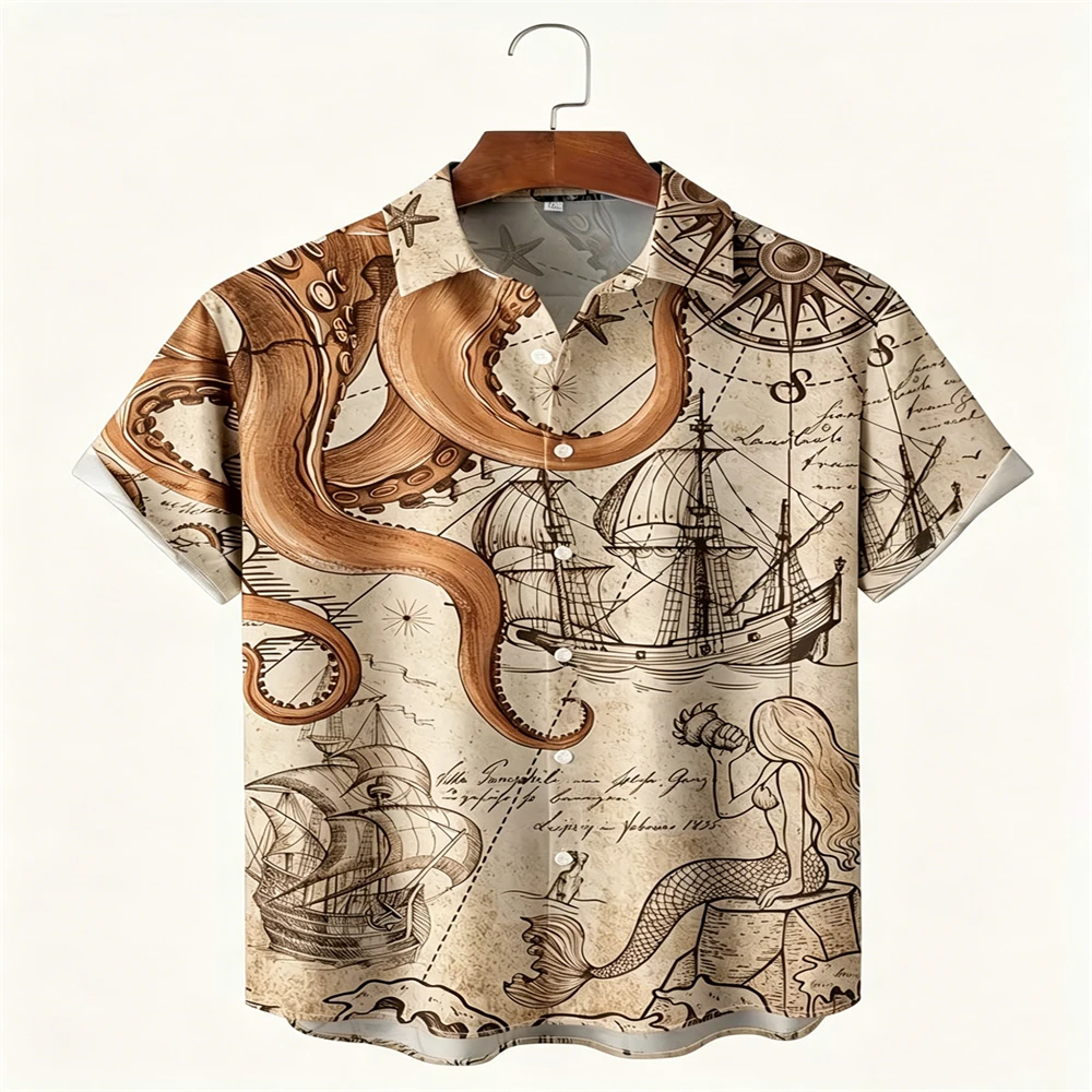 MenHawaiian Style Vintage Marine Octopus Mermaid All Over Print Short Sleeve Shirt Loose Fit Button Summer Daily  Holiday Shirts