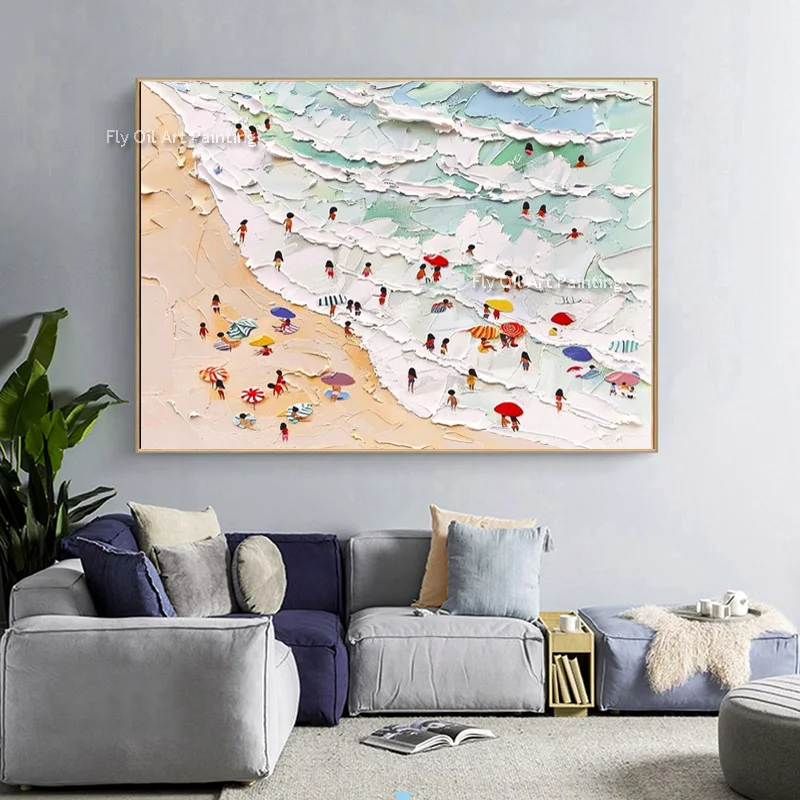 Beach Joys Wall Art Hand Painted Large Heavy Texture Oil Canvas Painting Knife Palette Beach Abstract Sea Contemporary Art Decor