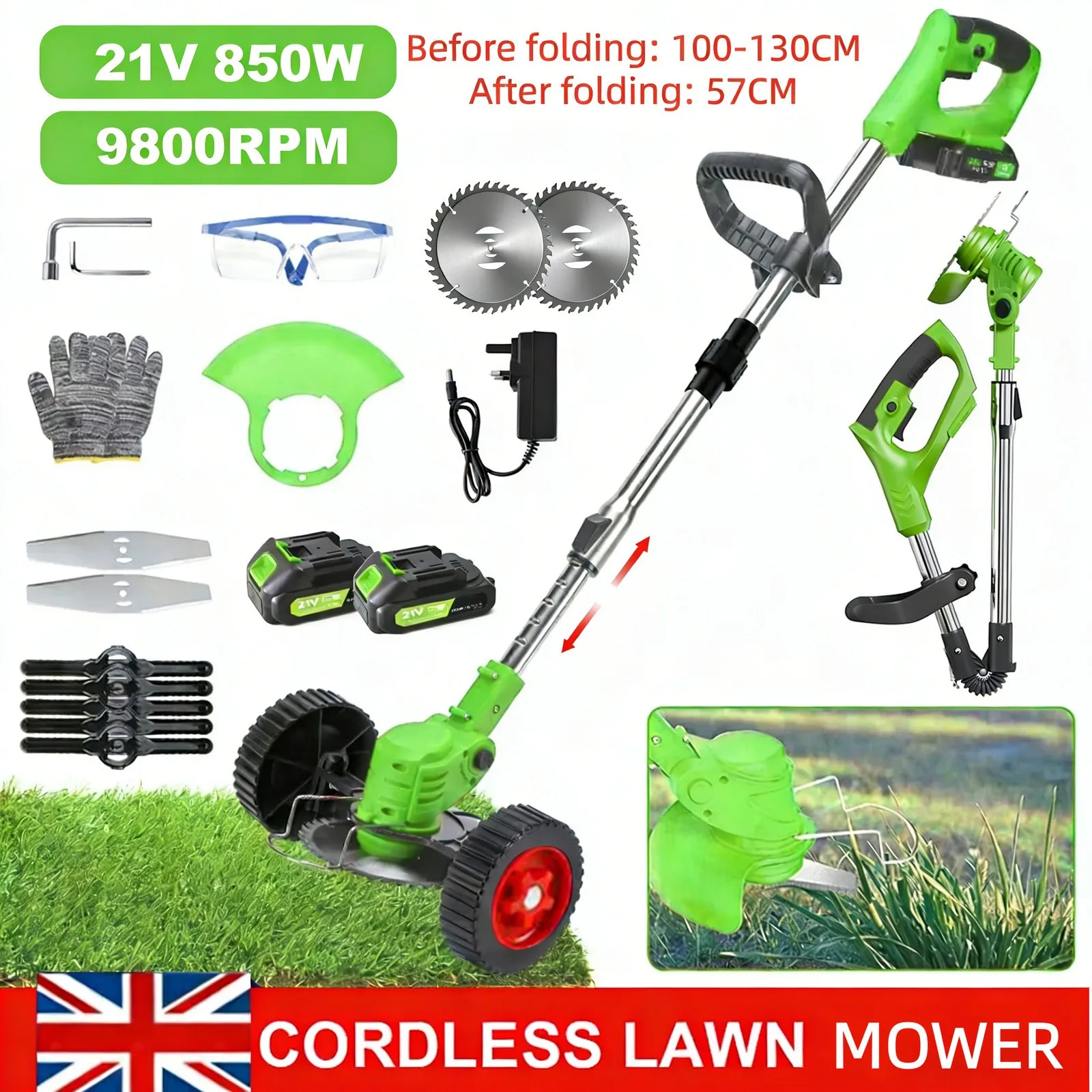 21V Foldable Cordless Grass Trimmer Strimmer, Electric Garden Edger & Weed Cutter, Lightweight Rechargeable Grass Cutting Tool for Lawn Yard Weeding Home Outdoor Garden Daily Use UK New