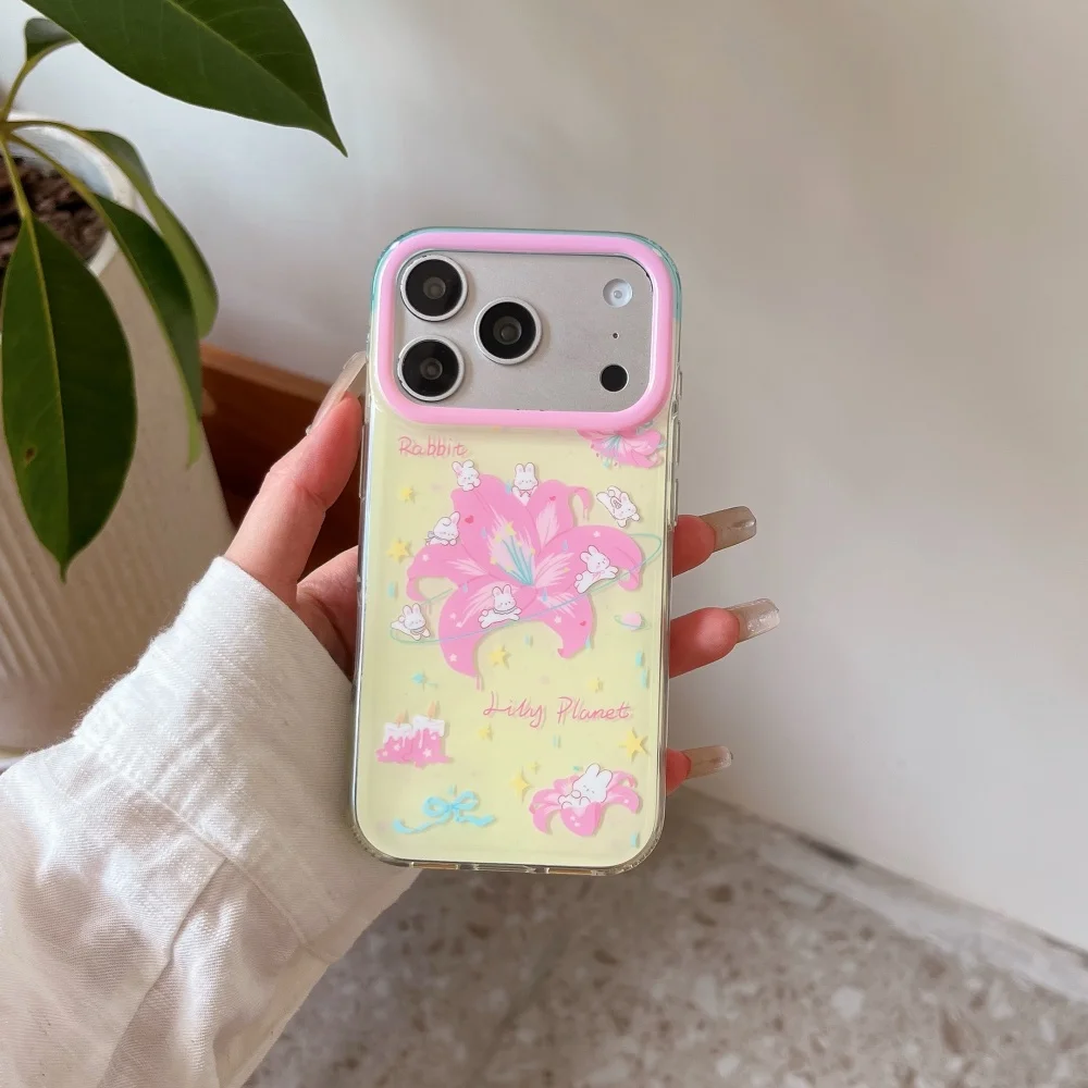 Cute Flower Rabbit Kawaii Phone Case for iPhone 15 16 17 18 Pro Max 18 17 16 Pro Cover Girls Cartoon Shockproof Protective Cases