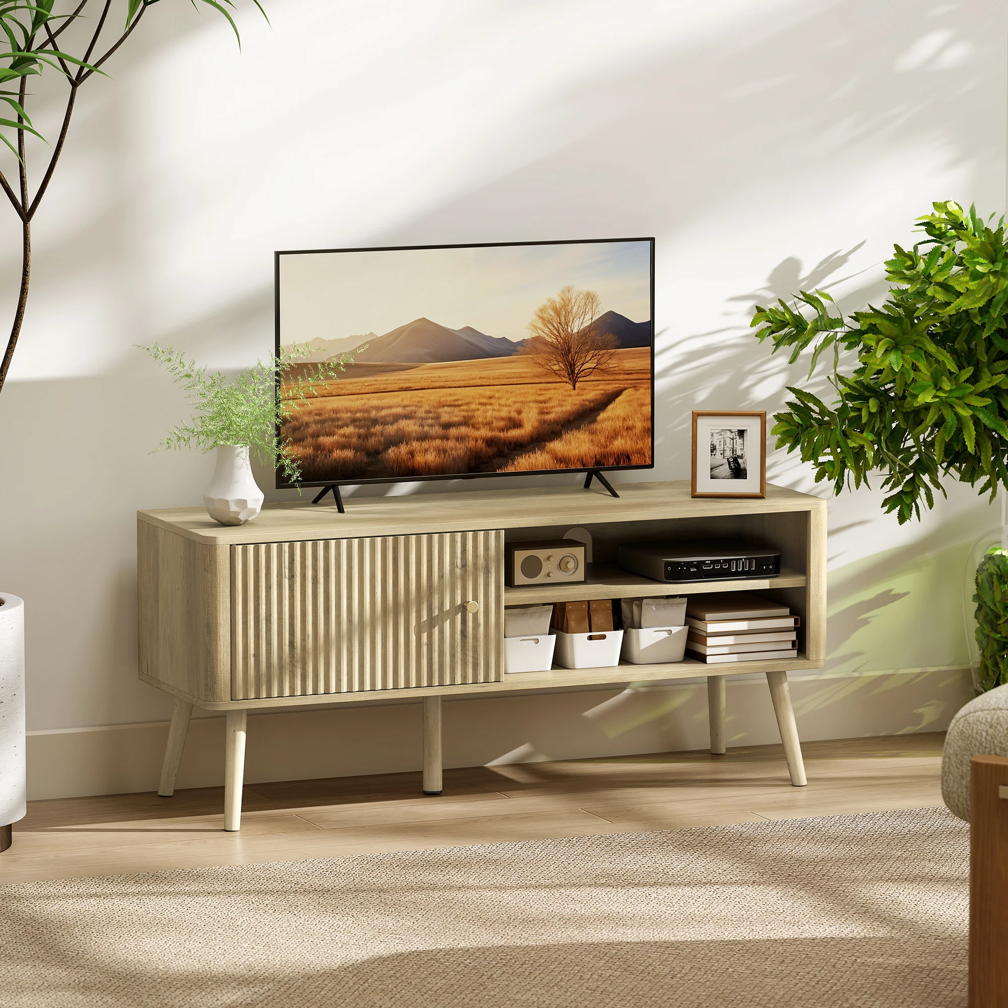 Meuble TV, meuble télé avec placard à porte, compartiments ouverts et étagère réglable, 115x35x49cm, chêne