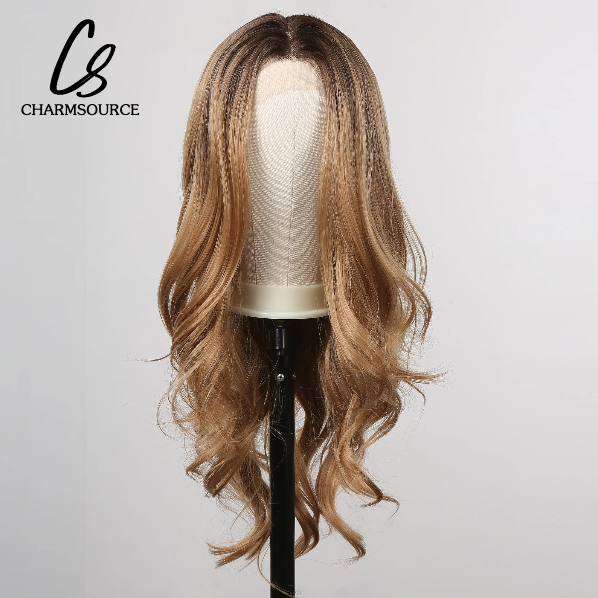 CharmSource Synthetic Lace Wig Brown Ombre Lace Front Wigs Long Wavy with Dark Root Wigs for Women Daily Cosplay