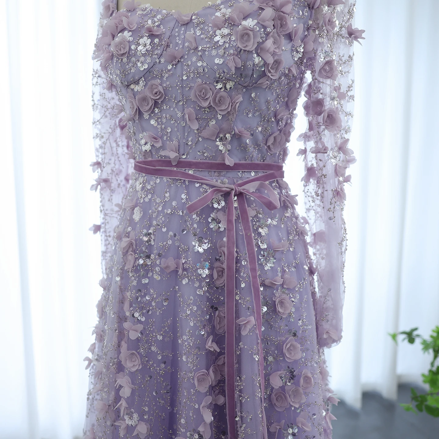 Sharon Said Luxury 3D Flower Gray Long Sleeves Evening Dresses for Wedding Party Arabic A-line Formal Gowns SS353 Customized image 5