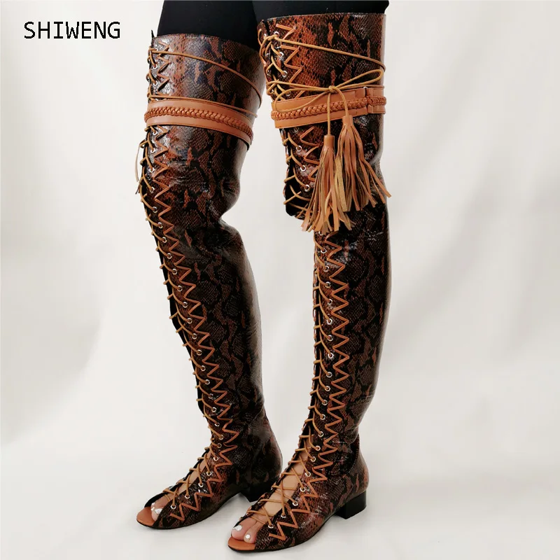 

Stylish Lace Up Thigh High Boots For Woman Peep Toe Snakeskin Leather Stiletto Heel Cver The Knee Boots Brown Color Boots