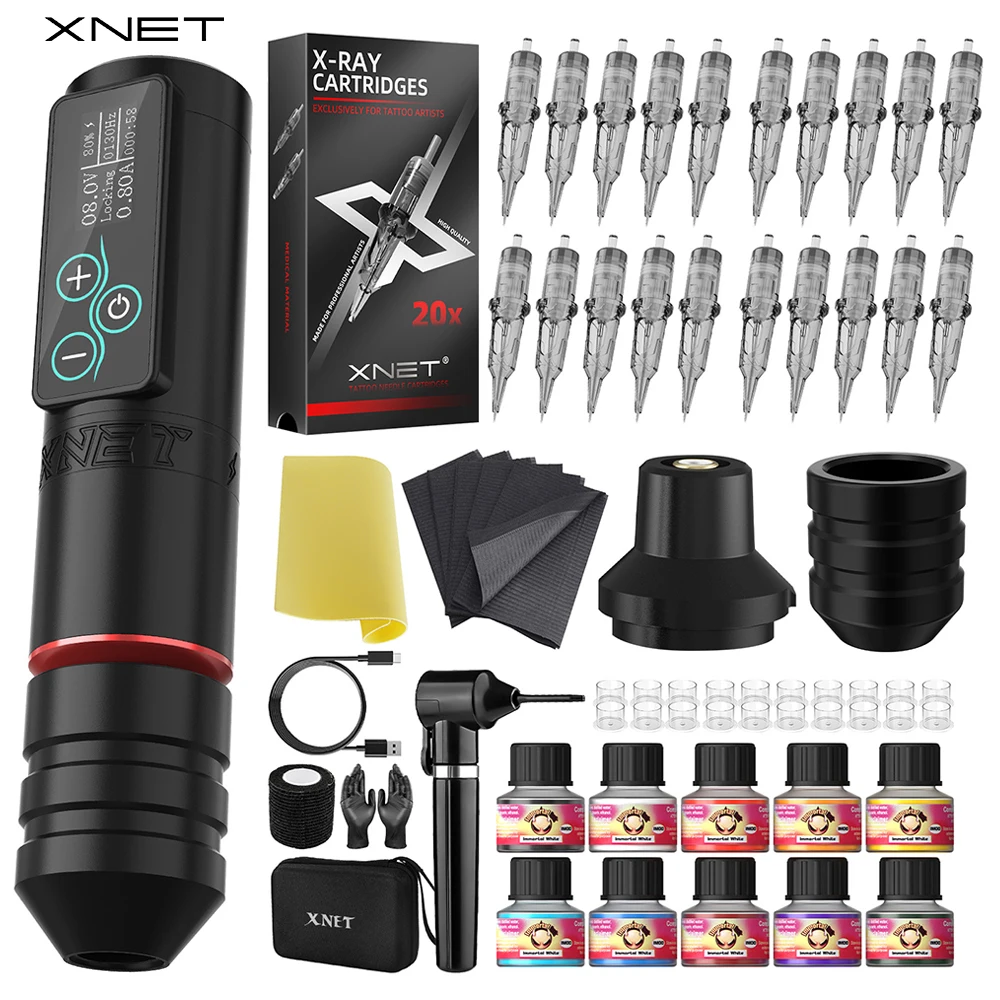 

XNET Vane Wireless Tattoo Machine Pen Kit with Ink Mixer Brushless Motor With 3.5/4.5mm Strokes 10pcs Inks For Tattoo Artist