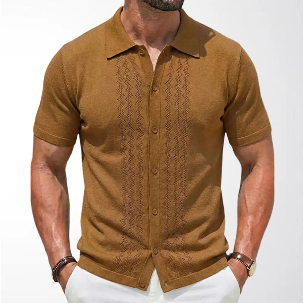 Men's Summer Knitted Shirt Short Sleeve Button-Down Textured Casual Resort Style Breathable Top 2026