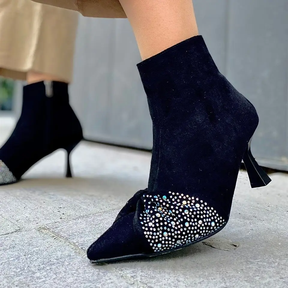 Closed Pointy Toe Stiletto High Heels Suede Ankle Boots Stone Embroidered Sexy Ladies Zip V Shape Booties 2022 Winter Autumn