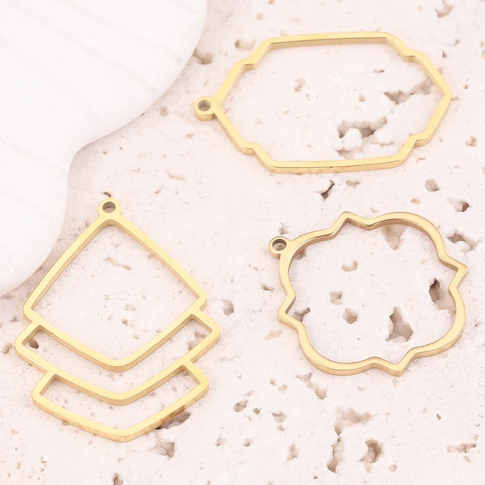 baizzx 5 pièces plaque d'or en acier inoxydable évider breloque en forme d'éventail géométrique cadre de lunette ouverte pendentifs connecteurs boucle d'oreille collier 3
