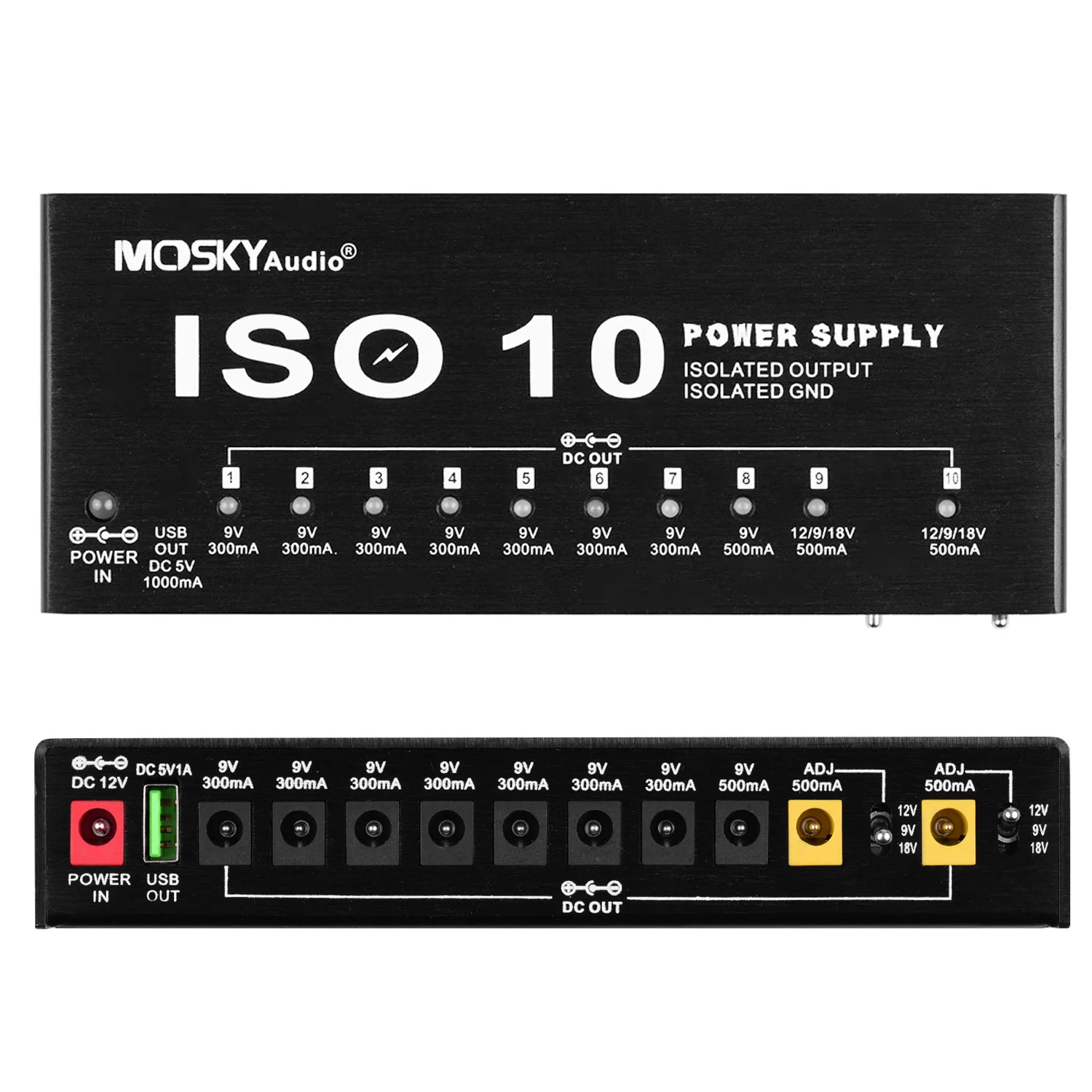 

Mosky Guitar Power Supply 10 Isolated ISO-10 Station Power Supply DC Outputs/ 5V USB Port Output for 9V 12V 18V Effect Pedal