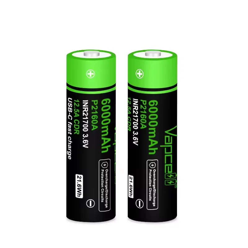 Original Vapcell P2160A 21700 USB-C Lithium Battery INR 21700 6000mah 12.5A 3.6V protected in anode battery for flashlight