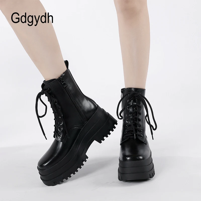 Gdgydh Women’s Combat Boots Lace up Mid Calf Boots Low Heel Chunky High Platform Booties Comfortable with Side Zipper Black