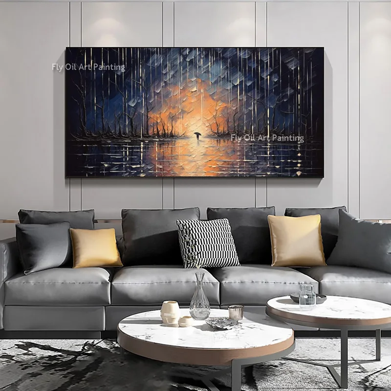 

Abstract Rainy Landscape Oil Painting On Canvas Handmade Large Wall Art Black Night Painting Custom Painting Boho Wall Decor