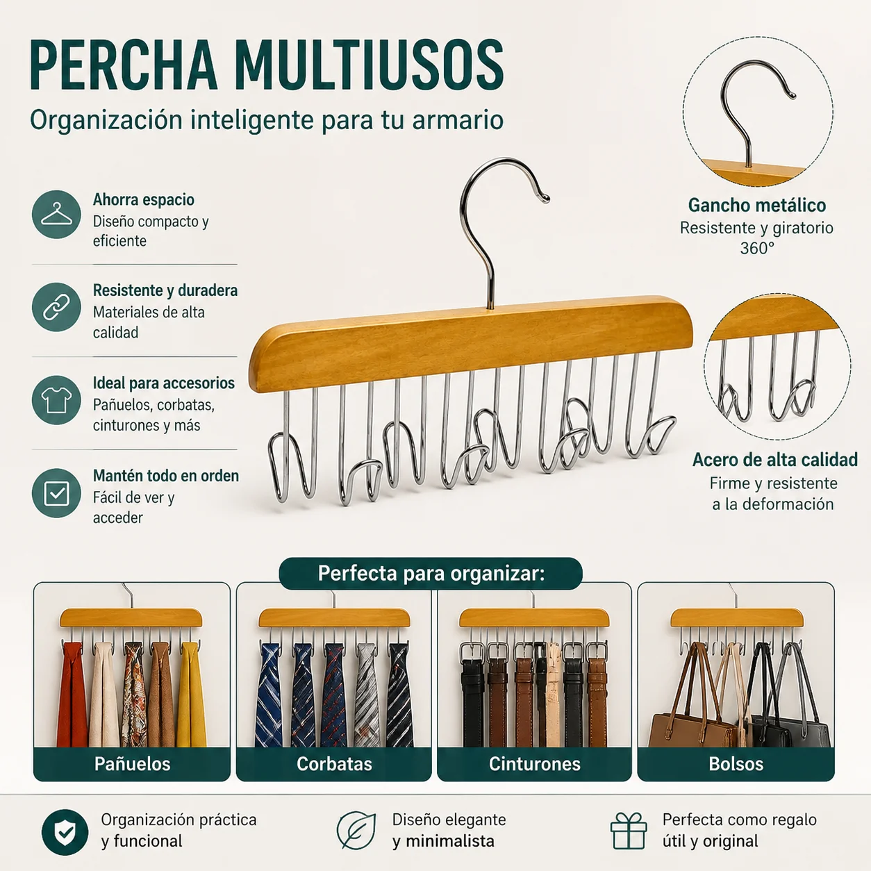 Organisateur d'accessoires de placard avec cadre en bois poli et structure métallique robuste, pièce élégante adaptée à l'organisation des vêtements et des accessoires dans les maisons et les espaces de travail
