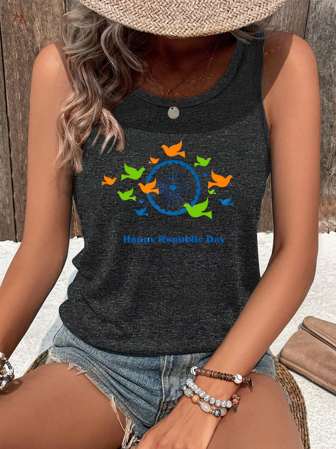 Happy Republic  Independent Day Peace Pigeon Fashion Funny Sports Women's Tank Top Loose O Neck Sleeveless Casual Tank Top