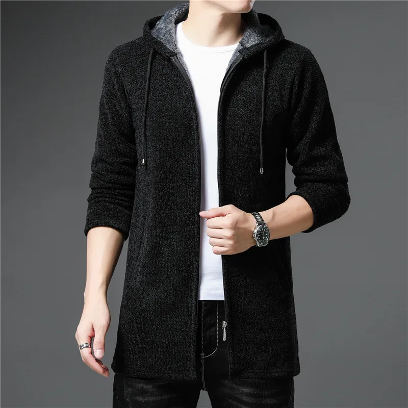 

New Hooded Cardigan Men Winter Fashion Fleece Sweater Casual Knitted Cardigan Warm Long Sweatercoat Solid Thick Mens Sweaters
