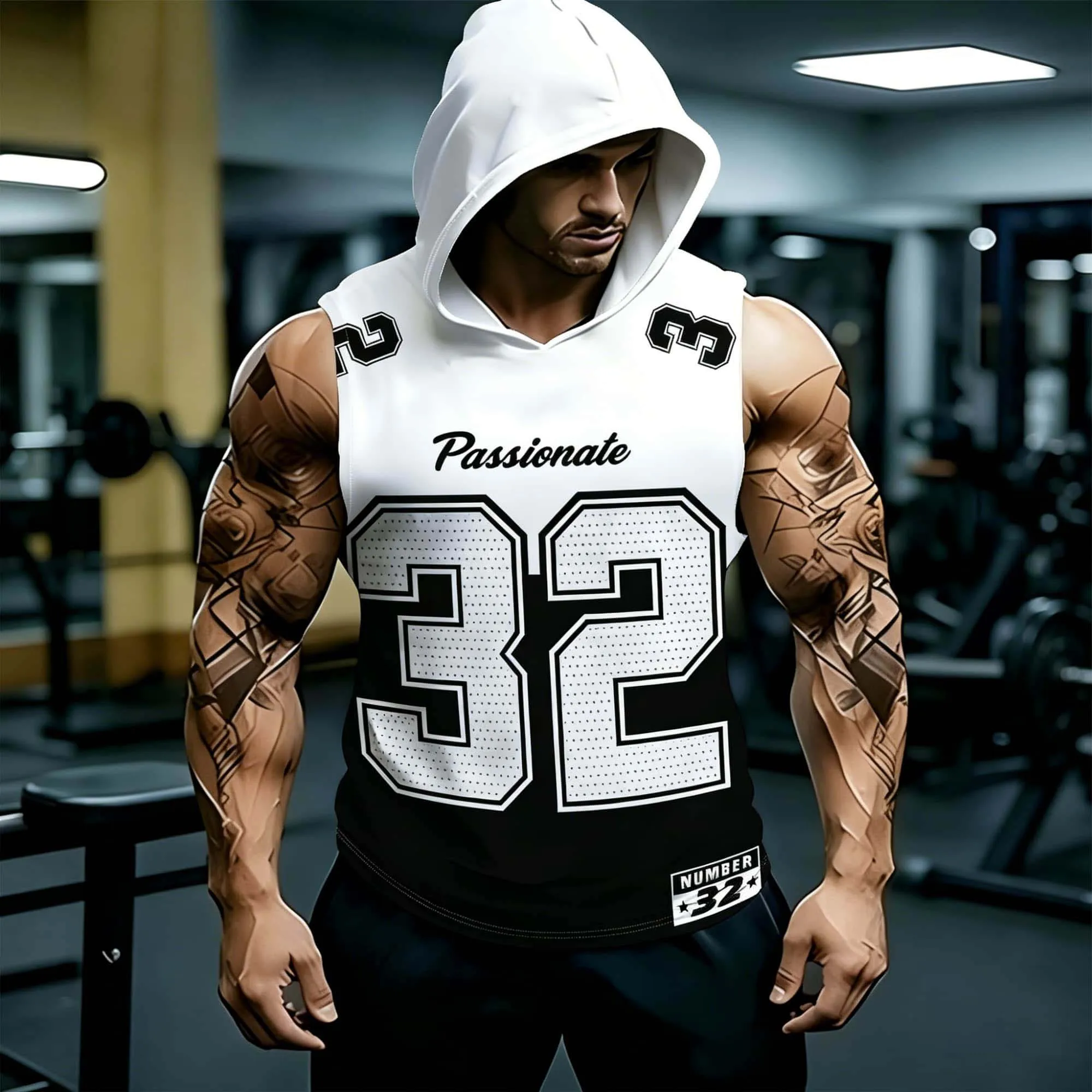 Übergroßes ärmelloses Kapuzen-Tanktop für Herren, weiß, schwarz, Farbblock, Nummer 32, Buchstabendruck, atmungsaktive Sommer-Sport-Trainingsweste