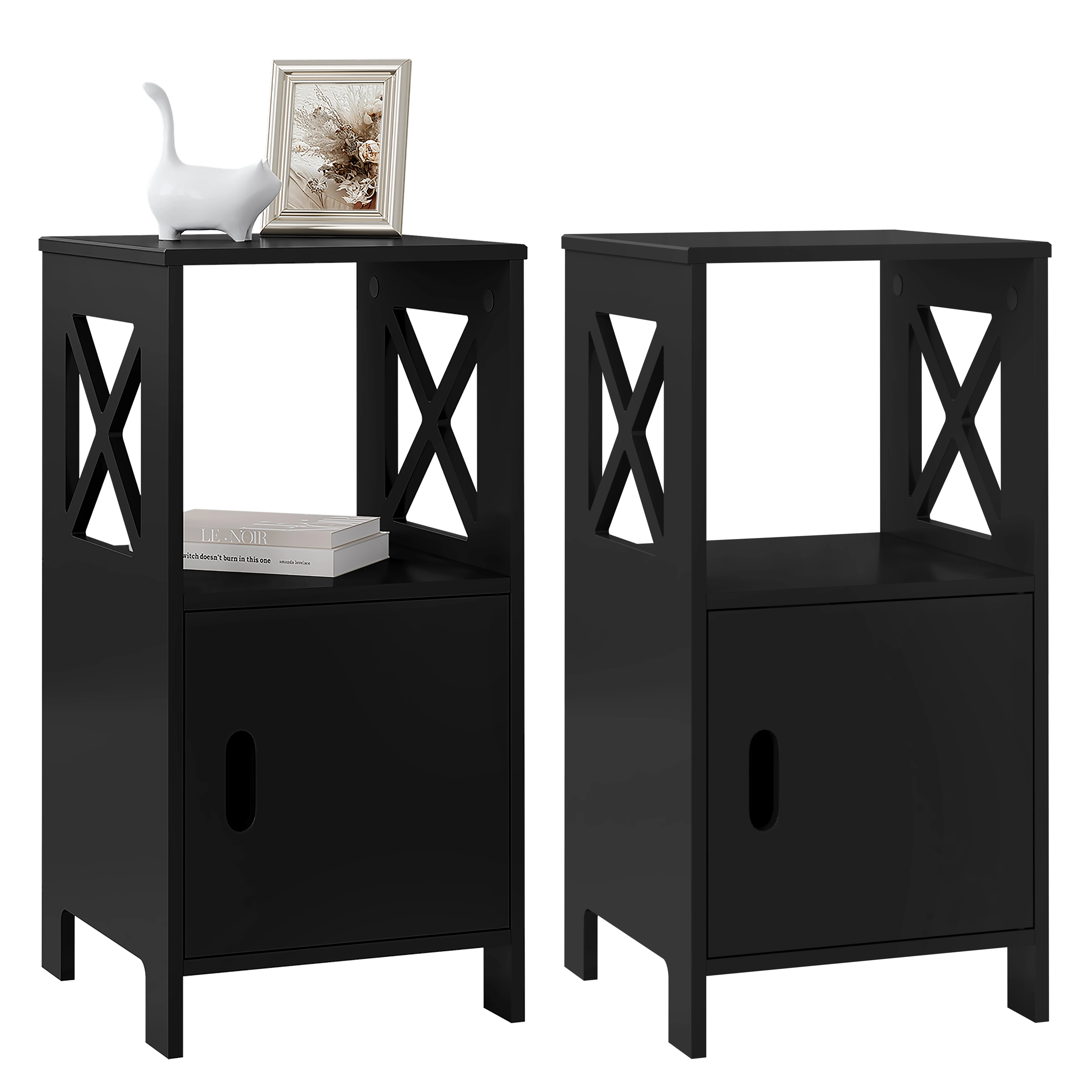 2PCS/SET Modern Nightstand 30x60x30cm Narrow White Bedside Table with 1 Open Compartment Door Cabinet Storage for Bedroom